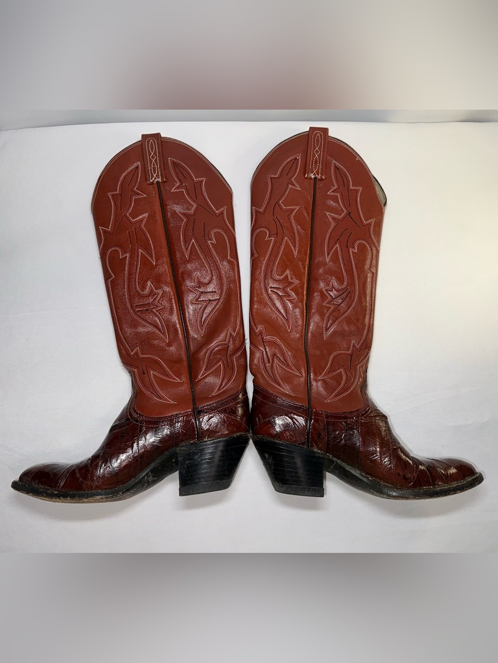 ⁠Dan Post Vintage Eel Skin Patchwork Western Boots Womens Size 5.5B Cognac